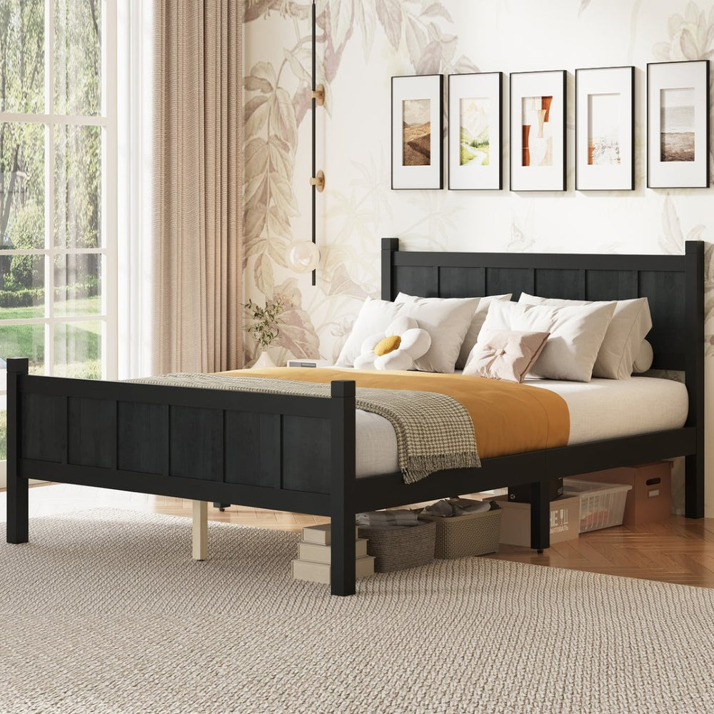 English Elm Twin Platform Bed Vertical Slat Headboard Farmhouse Shaker Wood Grain Finish Bedroom Black N733P422479E