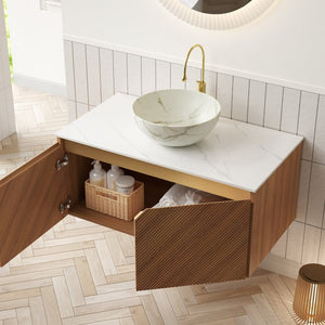 English Elm Dina Floating Bathroom Vanity Sintered Stone Top Glass Basin Striped Plywood Cabinet W2615S00579