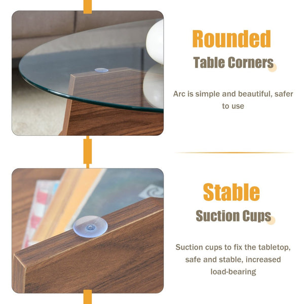 English Elm Oval Tempered Glass Coffee Table with Wood Grain Legs and Built-in Fan Tray Shelf W1151P256008