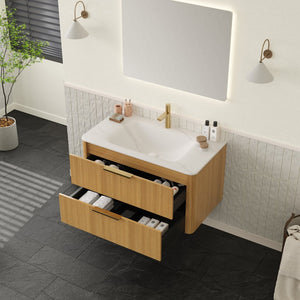 English Elm ZANE 36" Bathroom Vanity with Integrated Hot-Press Sintered Stone Basin, Floating Plywood Cabinet, Soft-Close Drawers and Moisture-Resistant Finish Carrara White,Light Oak W2615P360726