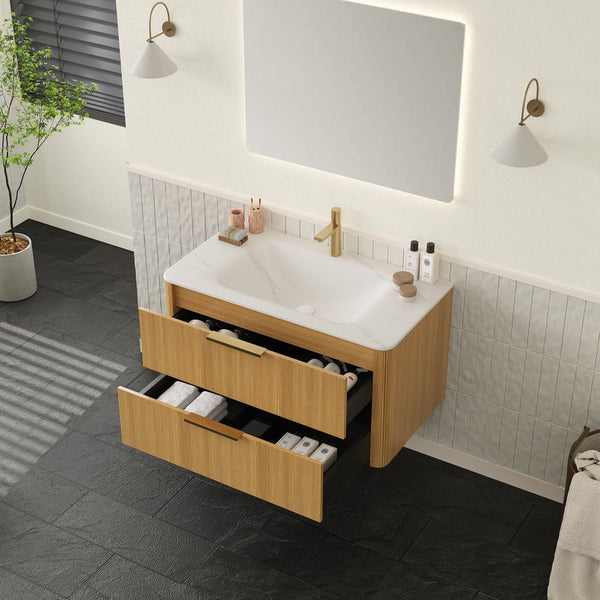 English Elm ZANE 36" Bathroom Vanity with Integrated Hot-Press Sintered Stone Basin, Floating Plywood Cabinet, Soft-Close Drawers and Moisture-Resistant Finish Carrara White,Light Oak W2615P360726
