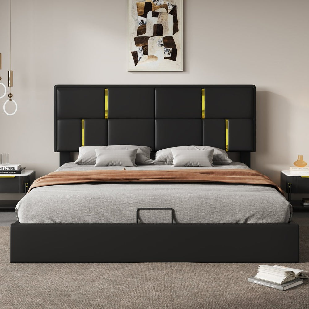 English Elm Queen Upholstered Storage Bed Gas Lift Platform with Gold Trim Pu Headboard N733S362241B