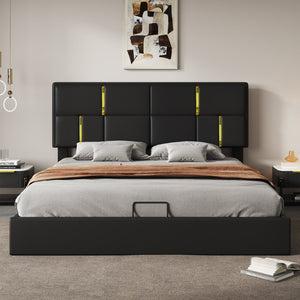 English Elm Queen Upholstered Storage Bed Gas Lift Platform with Gold Trim Pu Headboard N733S362241B