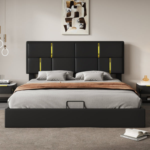 English Elm Queen Upholstered Storage Bed Gas Lift Platform with Gold Trim Pu Headboard N733S362241B