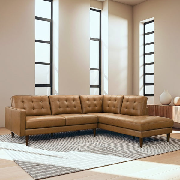 English Elm Lucco Top-grain Leather Tufted Sectional Mid-century Modern Living Room Sofa B183S00216