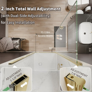 English Elm 32-34 in Frameless Pivot Shower Door Clear Glass Brushed Gold Reversible Bathroom W637P400607