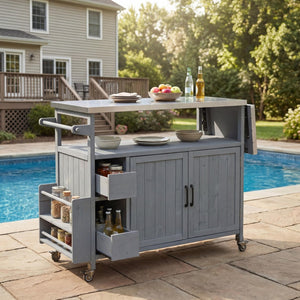 English Elm 54.33" Farmhouse Outdoor Kitchen Cart Solid Fir Frame Steel Top Storage Bbq Prep N767P379702C