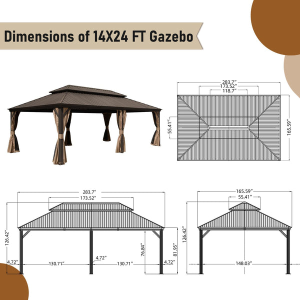 English Elm 14x24FT Hardtop Gazebo Outdoor Pavilion with Galvanized Double Roof, Aluminum Frame, Built-In Gutter System, Curtains and Mesh for Patio Garden Brown W1859S00107