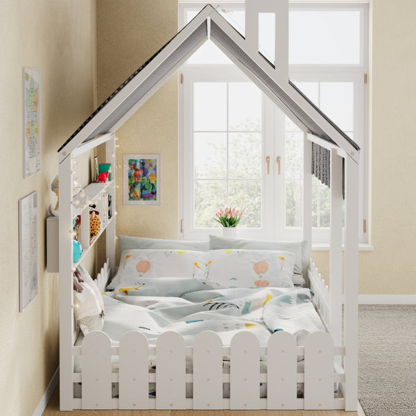 English Elm {slats Are Not Included} Twin Montessori House Floor Bed Kids Tent Lights Shelves Pinewood Frame White N708P407963K