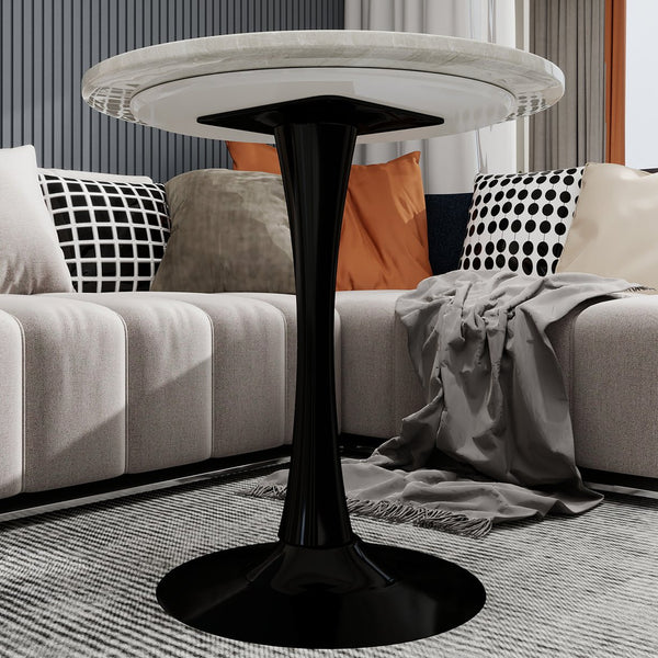 English Elm Marble-Top Round Side Table With Tapered Black Base – Modern Minimalist Design For Stylish Spaces W1935P353502