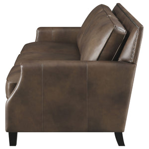 English Elm Gunderson Brown Sugar Top Grain Leather Sofa with Hammered Brass Nailheads, Track Arms, 83" Wide B062P357809