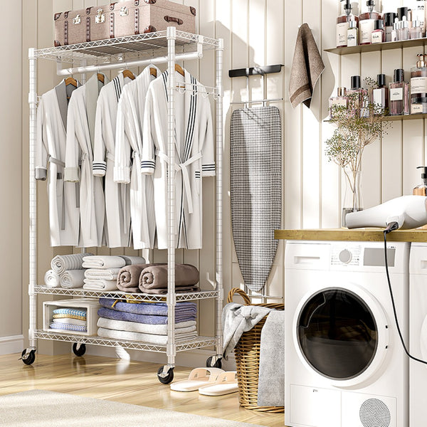 English Elm Heavy Duty Rolling Garment Rack Three Tier Wire Shelving with Hooks for Closet W5386P503916