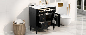English Elm 30" Freestanding Bathroom Vanity Rubberwood Frame Ceramic Sink Flip Drawer Storage Black N725P356062B