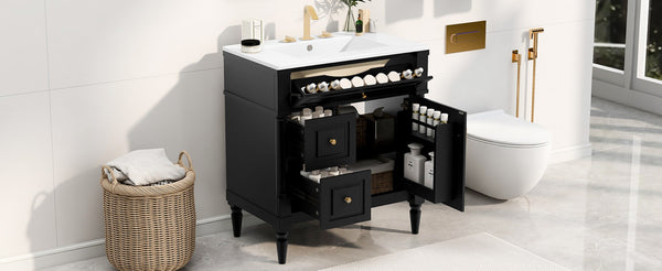 English Elm 30" Freestanding Bathroom Vanity Rubberwood Frame Ceramic Sink Flip Drawer Storage Black N725P356062B