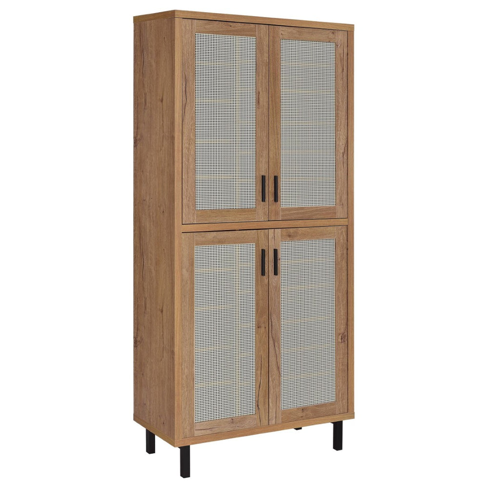 English Elm Stagg Oak Finish Shoe Cabinet with Cane Doors and Black Metal Legs for Entryway B062P451793