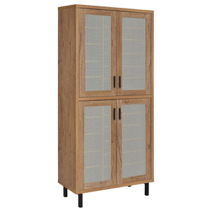 English Elm Stagg Oak Finish Shoe Cabinet with Cane Doors and Black Metal Legs for Entryway B062P451793