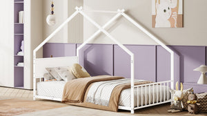 English Elm Twin House Shaped Metal Bed Frame with Led Lights and Wood Slats for Kids W1820P356049