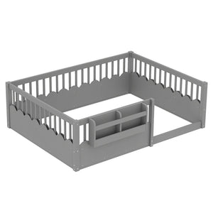 English Elm Twin Low Profile Kids Floor Bed Pine Wood Frame with Safety Rail and Built in Bookshelf Gray W1580P373140