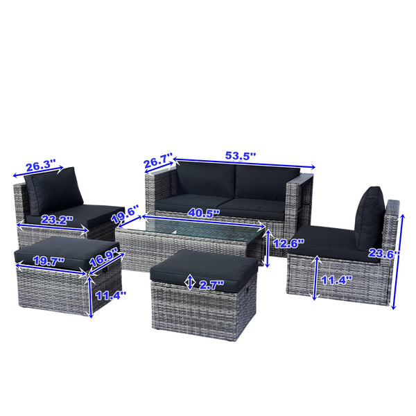 English Elm 6 Piece Patio Wicker Sectional Set with Space-Saving Nesting Design, Steel Frame, Tempered Glass Table and Weatherproof Cushions Grey+Black W329S00054