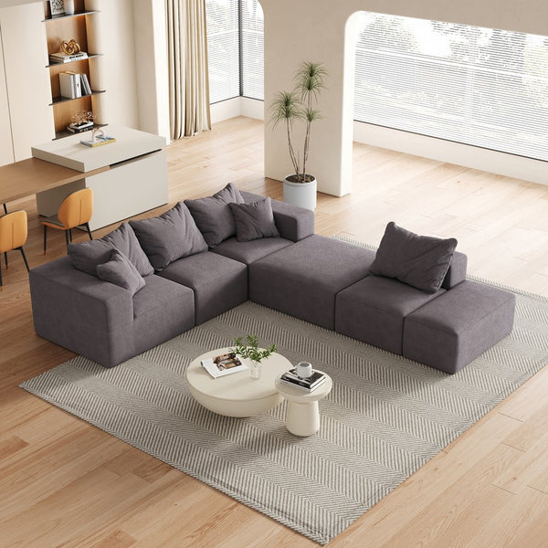 English Elm Modern Upholstered Modular Sectional Sofa Set 132" L-Shaped No-Assembly Chenille Comfort Hub with 6 Pillows Grey W834S00499