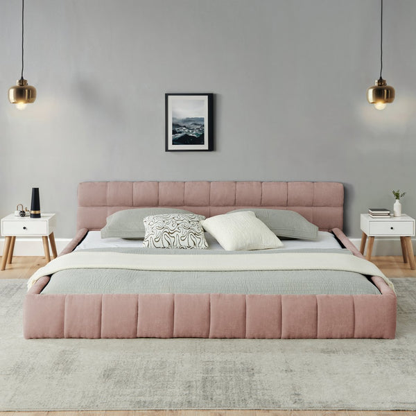 English Elm California King Upholstered Bed Frame In Soft Pink Chenille - No Box Spring Needed, Modern Design! W487P311319