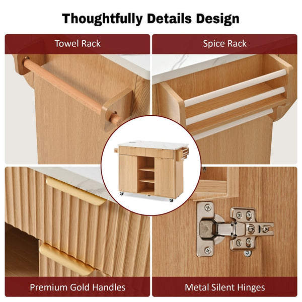 English Elm K&k Fluted Rolling Kitchen Island Faux Marble Top Power Outlet Drop Leaf Storage Natural N707S000019Y