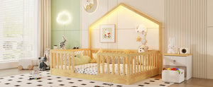 English Elm Twin Montessori Floor Bed House Frame with Led Lighting and Safety Rails for Kids Natural W2593P440609