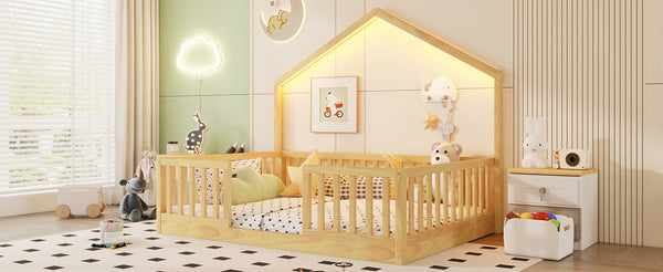 English Elm Twin Montessori Floor Bed House Frame with Led Lighting and Safety Rails for Kids Natural W2593P440609