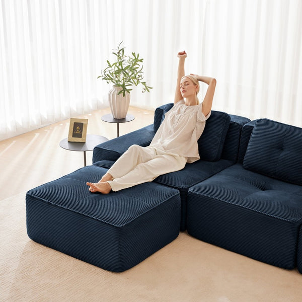 English Elm Modern Corduroy Sectional Sofa Deep Seat V Shape Tufted Couch with Movable Ottoman Blue W714S01579