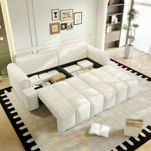 English Elm 90.2" Plush Teddy Fabric Convertible Sleeper Sofa with Hidden Storage for Living Room Beige+White W1885S00311