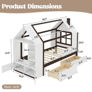 English Elm Twin House Frame Bed Pine Wood with Storage Drawers and Shelves for Kids Bedroom W1580S00573