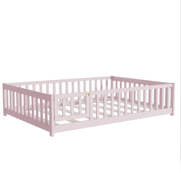 English Elm Twin Solid Rubberwood Floor Bed with Full Perimeter Safety Rails for Toddler Rooms Pink W504P296791