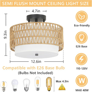 English Elm 3-Light Boho Rattan Semi-Flush Ceiling Lamp, Handwoven Drum Shade, Dimmable E26 Trio for Bedroom Dining Hallway W2738P185423