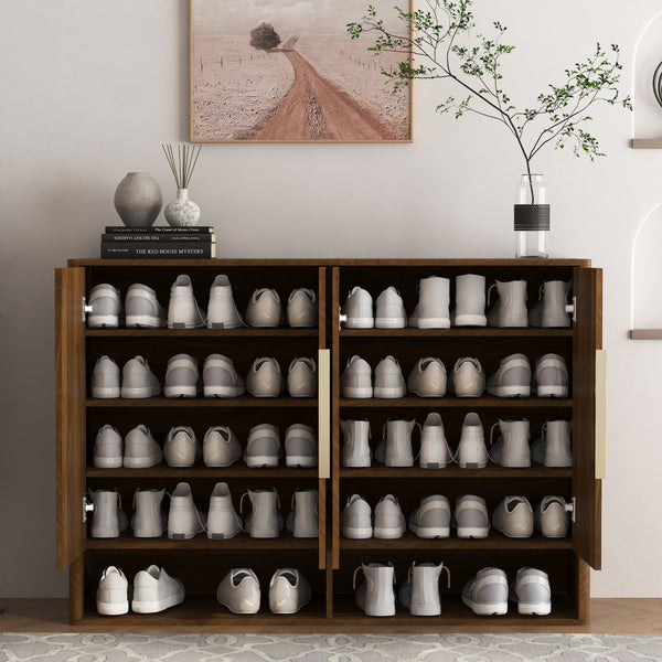 English Elm Shoe Cabinet with Four Doors Adjustable Shelves Entryway Organizer Modern Storage Unit W1321S00041