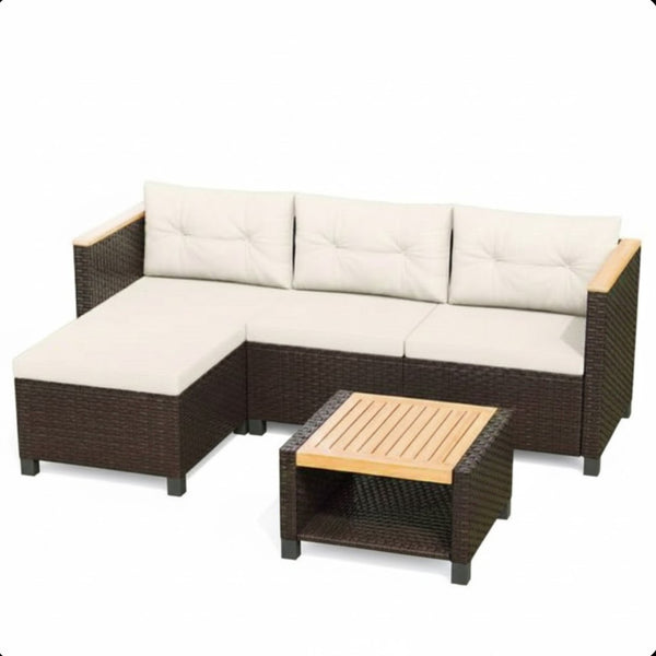 English Elm 3-piece Outdoor Pe Rattan L-shaped Sectional with Acacia Storage Table for Patio Beige+Brown B082P455128