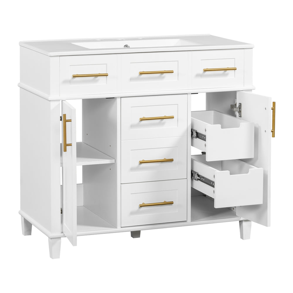 English Elm 36" White Bathroom Vanity Cabinet with Ceramic Sink, Gold Handles, Soft-Close Drawers & Adjustable Shelf N729P204177K
