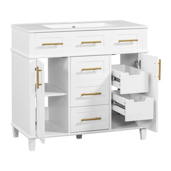 English Elm 36" White Bathroom Vanity Cabinet with Ceramic Sink, Gold Handles, Soft-Close Drawers & Adjustable Shelf N729P204177K