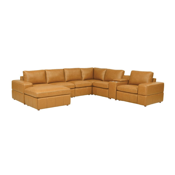 English Elm Premium Leather Match Sectional with Dual Recliners Square Arms and Console Storage Ginger B2748S00133