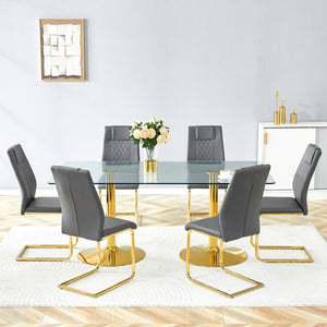 English Elm Scalable Extendable Dining Set with Wood Grain Table and Gray Linen Chairs 8 Piece Dark Gray,Gold,Transparent W1151S04562