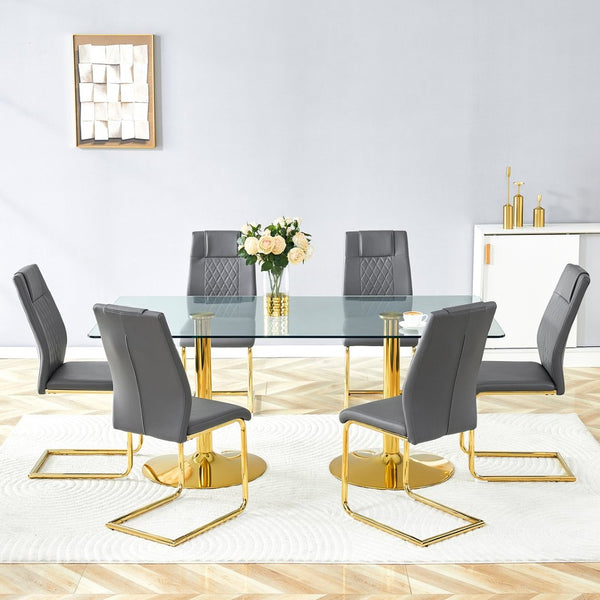 English Elm Scalable Extendable Dining Set with Wood Grain Table and Gray Linen Chairs 8 Piece Dark Gray,Gold,Transparent W1151S04562