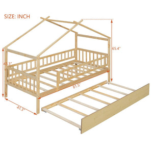 English Elm Twin House Bed with Trundle Solid Pine Frame Walnut Kids Bedroom Sleepover N708P357115N