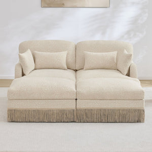 English Elm Comfy Chenille Leopard Print Loveseat with Tassel Trim and Movable Ottoman Modules Beige W5656S00003