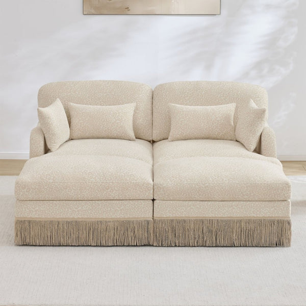 English Elm Comfy Chenille Leopard Print Loveseat with Tassel Trim and Movable Ottoman Modules Beige W5656S00003