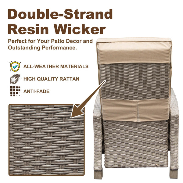 English Elm Outdoor Recliner Chair with Hand‑Woven Resin Wicker, Built‑In Flip Table, Thick Cushions, 150° Recline Beige W1859P196426