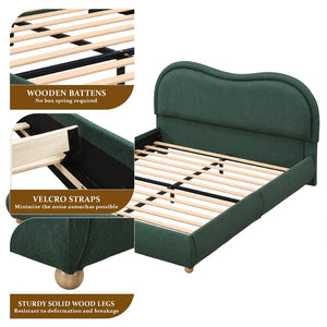 English Elm Queen Chenille Upholstered Curved Headboard Platform Bed with Oak Legs Solid Wood Slats W1716P428272