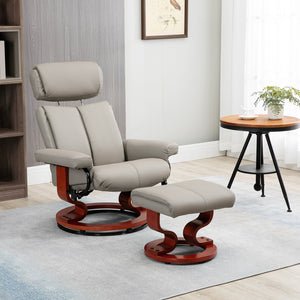 English Elm HOMCOM Modern Recliner Chair with Ottoman — 360° Swivel PU Leather, Bentwood Base, Adjustable Headrest W2225P229559