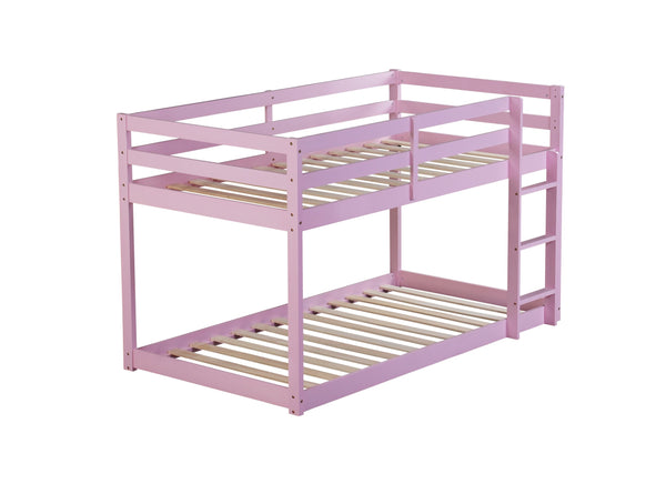 English Elm Solid Twin over Twin Floor Bunk Bed Pink – Solid Rubberwood Low-Height Platform with Ladder, Sturdy Slats, 200lb Capacity and Versatile Under-Bed Space for Kids Rooms (46.6"H x 77.3"L) W504P208048