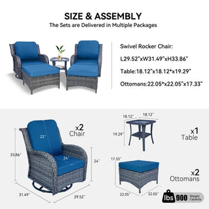 English Elm Wicker 5-Piece Patio Furniture Set - Elegant Rattan Sectional With Swivel Rocking Chairs & Ottomans W213S00048-GIGA