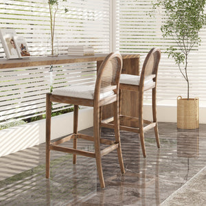 English Elm Jennifer Taylor Home - Panama 30.5" Curved Back Cane Rattan Bar Stool with Oak Frame, Boucle Upholstery & Brass Footrest White B2719P238387