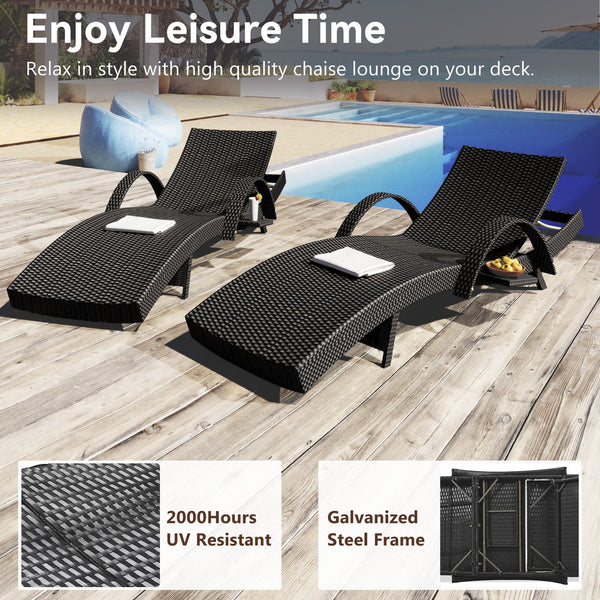 English Elm K&K 80" Outdoor Wicker Chaise Lounge Set of 2 with 2000H UV Wicker, Pull-Out Side Table, 4-Position Recliner Black WF321204AAB
